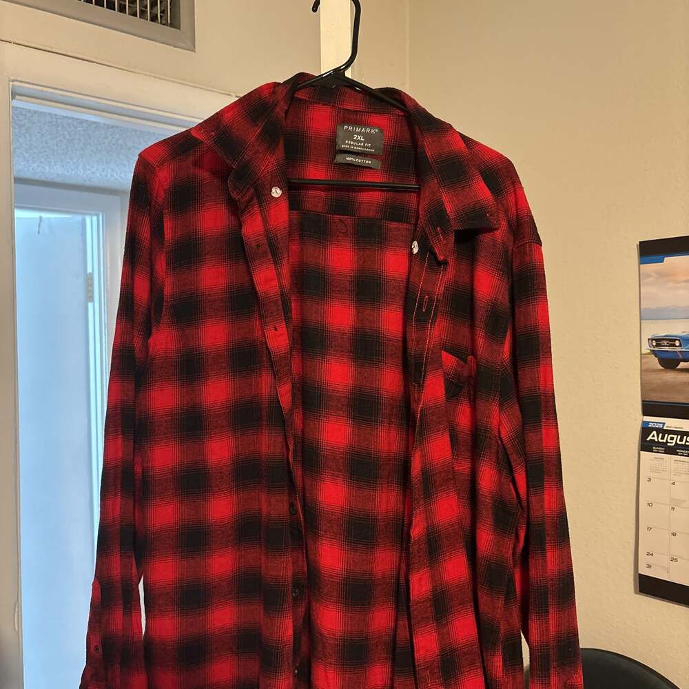 Primark Button Up Shirt Men's 2XL Red Black Plaid Long Sleeve Cotton
